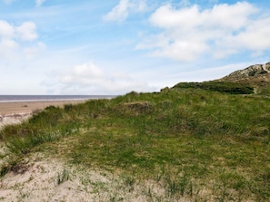 A beach with dunes and a distant view of the sea.