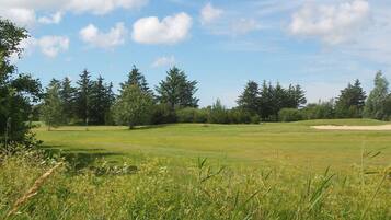 Un campo de golf con cielo despejado, césped verde y árboles.