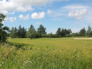 Un terrain de golf avec un ciel dégagé, de l’herbe verte et des arbres.