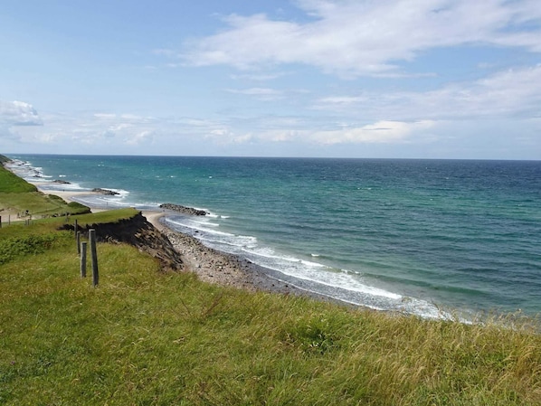 A coastal landscape with a grassy area, a rocky shoreline, and the ocean.