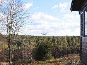 A forested landscape with a house and a wind turbine in the distance.