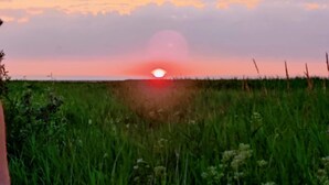 Een zonsondergang boven een grasveld met een hek op de voorgrond.