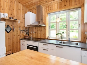 A kitchen with wooden walls, a built-in oven, a sink, and a window with a view of greenery. - 6 Person Holiday Home in Kolind (Kolind)