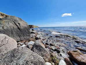 A rocky shoreline with clear water and a distant cliff. - 9 Person Holiday Home in Humble (Sydlangeland)