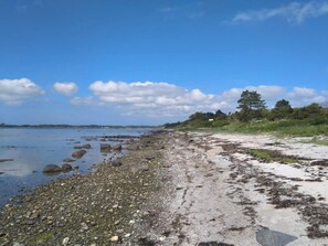 A coastal beach with rocky shoreline, clear sky, and distant trees. - 4 Star Holiday Home in Jaegerspris (Jægerspris)