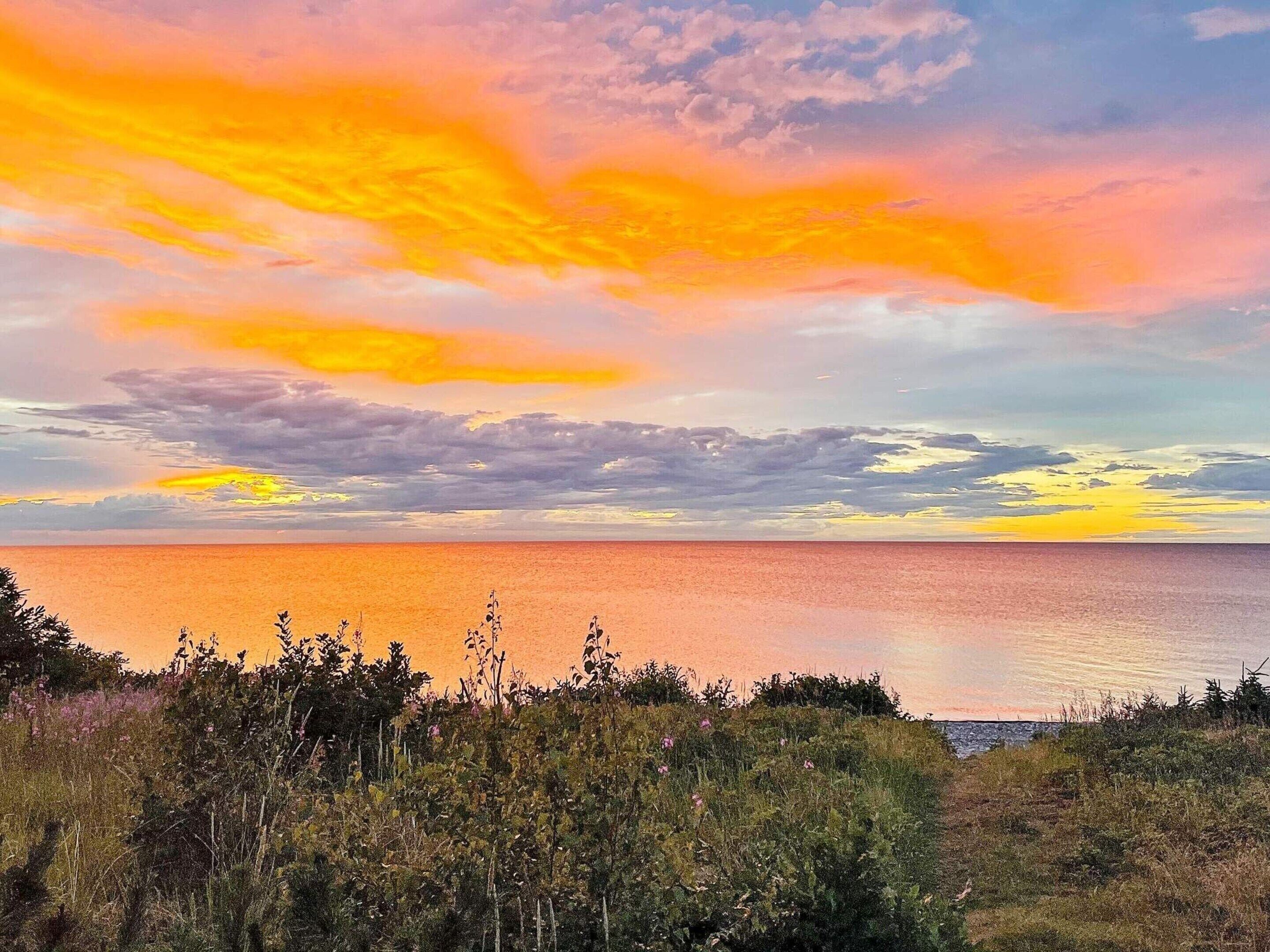Een kustlandschap met een zonsondergang boven de oceaan, met een grasachtige voorgrond en een heldere lucht.