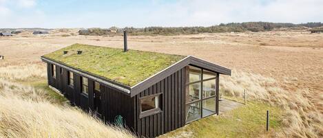 A modern, single-story cabin with a grass roof, large windows, and a view of a natural landscape.