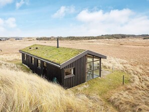 Une cabane moderne, de plain-pied, avec un toit végétalisé, de grandes fenêtres et une vue sur un paysage naturel.