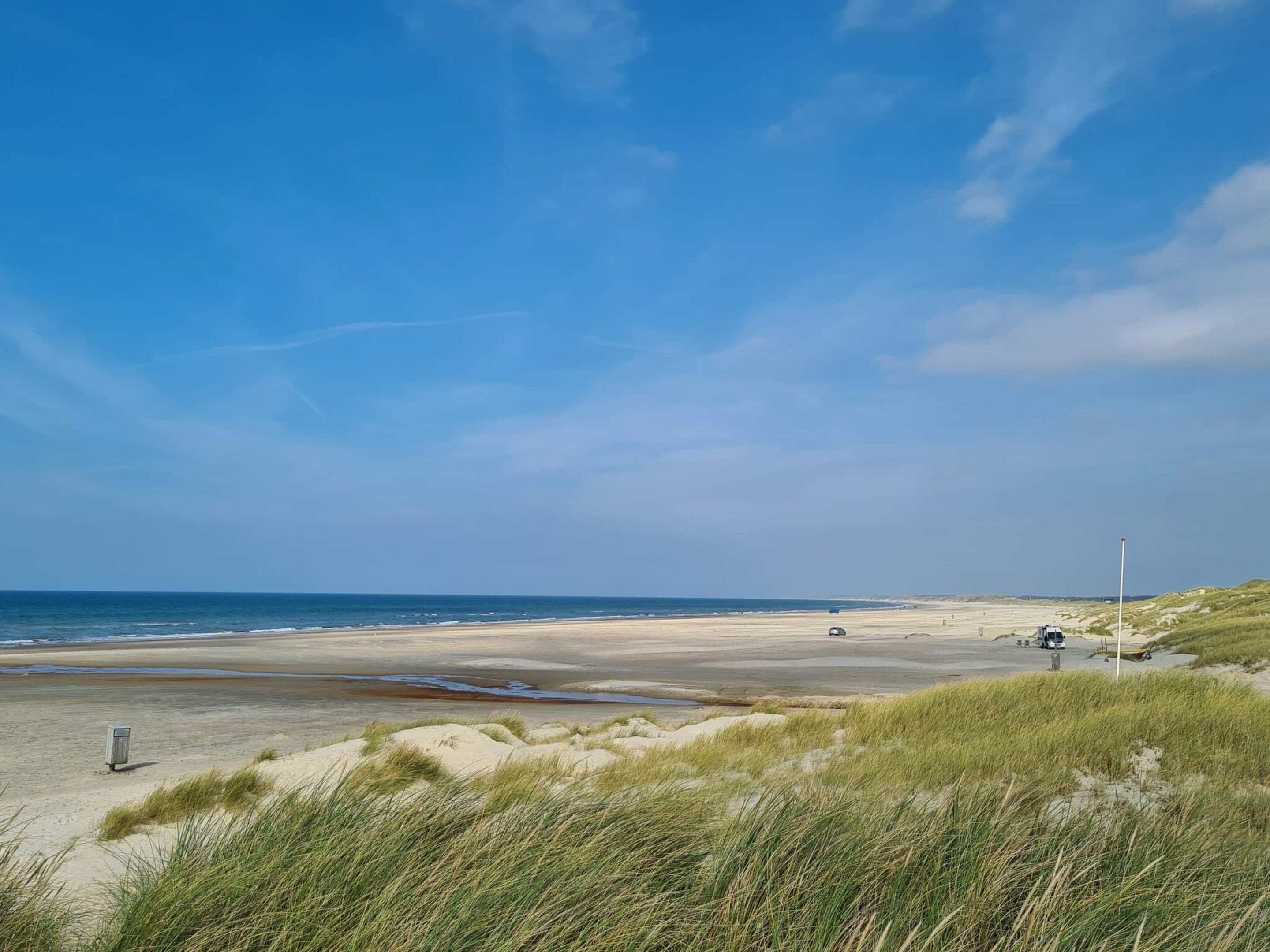 Een strand met duinen en een heldere lucht.