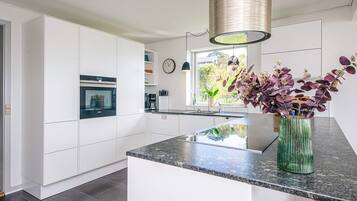 A modern kitchen with white cabinetry, a granite countertop, a hanging light fixture, and a window with a view of greenery.
