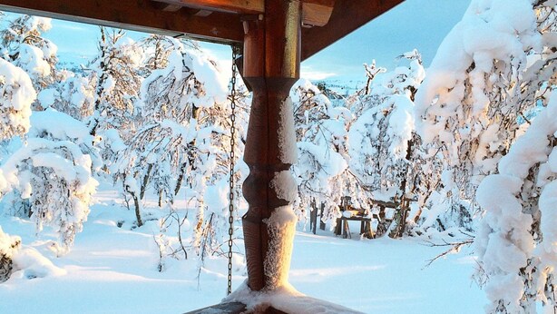 A wooden balcony with snow-covered trees in the background. - 8 Person Holiday Home in Etnedal-by Traum (Etnedal)