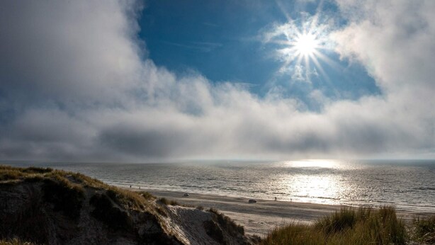 A beach with a clear sky, the sun shining, and the ocean in the background. - 6 Person Holiday Home in Saltum (Saltum)