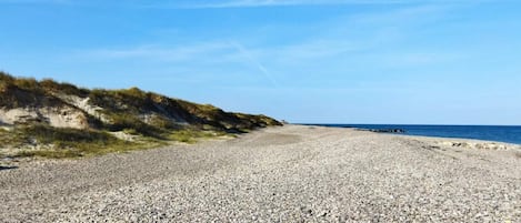 A pebble beach with a clear sky and a distant view of the sea.