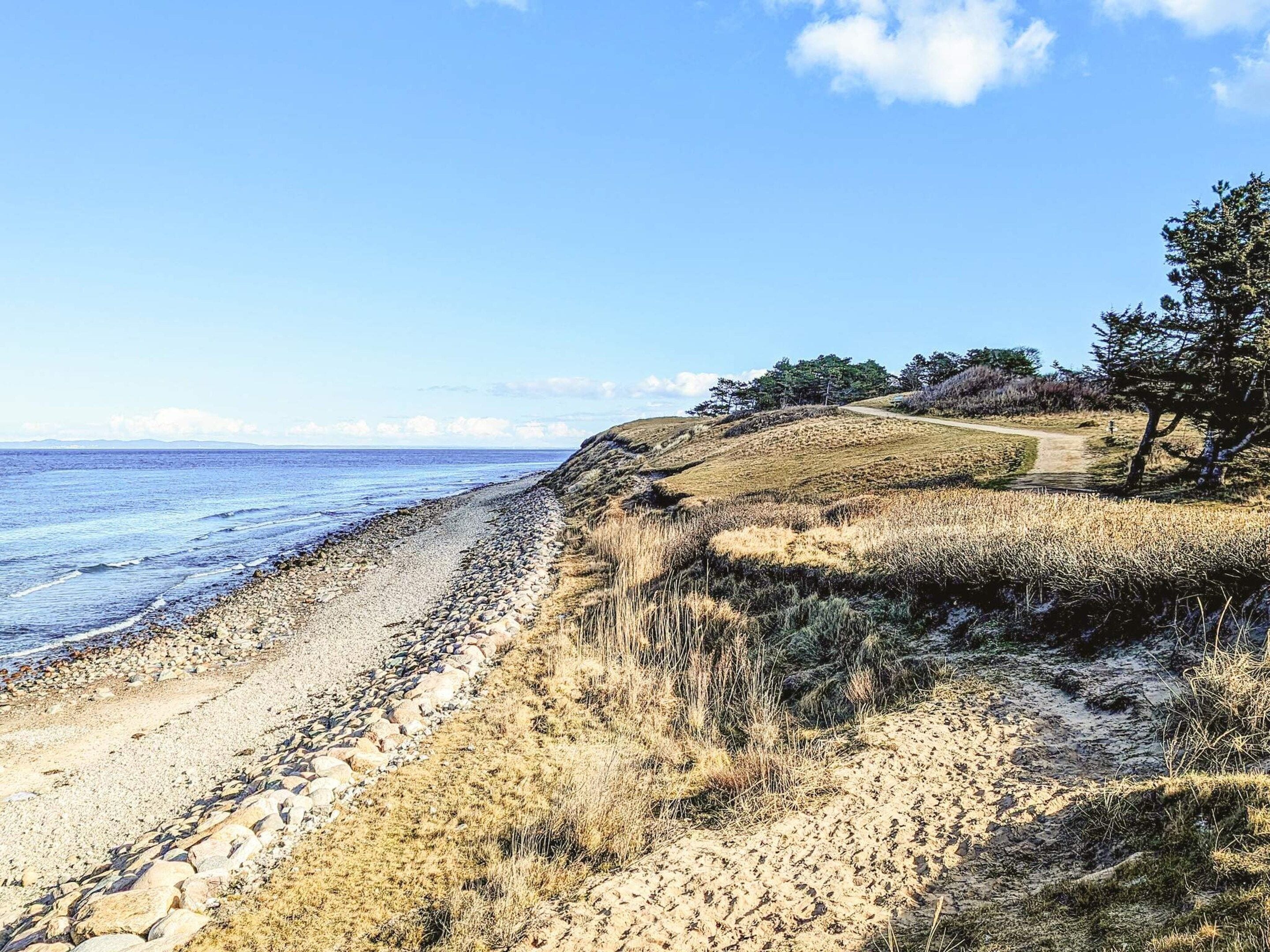 A coastal landscape with a pebble beach, grassy terrain, and a clear sky.