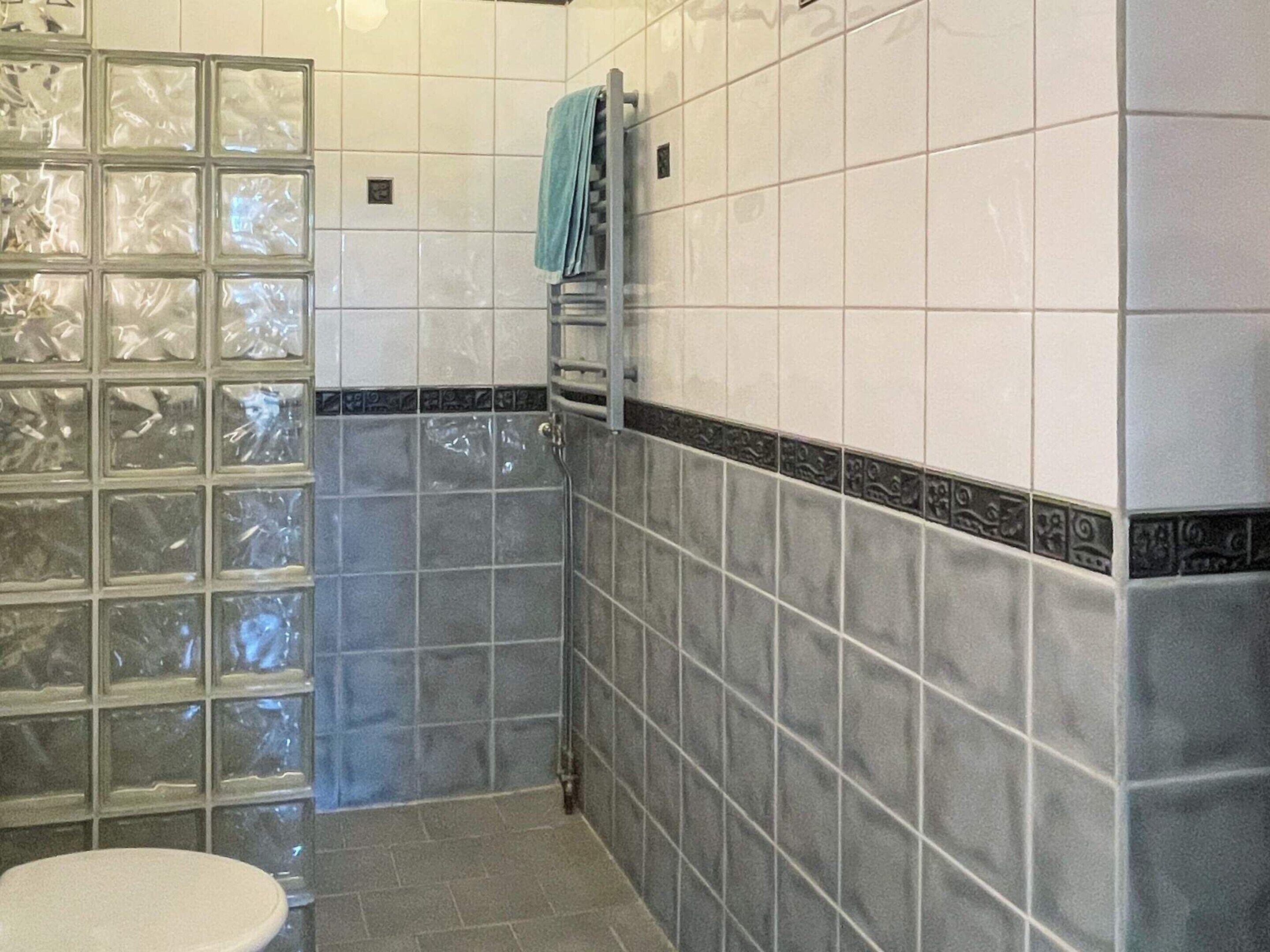 Un bany amb plat de dutxa de vidre, vàter i parets revestides de rajoles amb una franja decorativa.