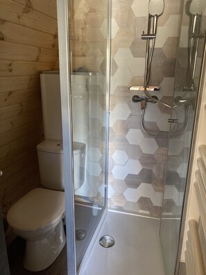 Bathroom features a glass-enclosed shower with handheld showerheads and hexagonal patterned tiles.