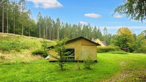 A small wooden cabin with a sloped roof, surrounded by a grassy field and dense forest. - 5 Person Holiday Home in Skanderborg (Skanderborg)