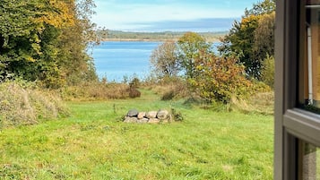 A view from a window overlooking a grassy area with a body of water and trees in the distance.