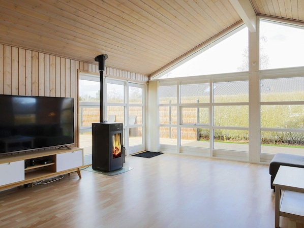 A modern living room with a large TV, a wood-burning stove, and large windows.