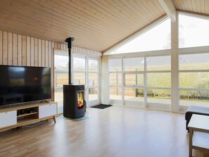 A modern living room with a large TV, a wood-burning stove, and large windows.