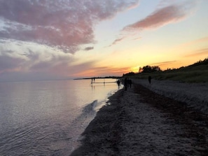 A beach at sunset with a calm sea, a sandy shore, and a few people walking along the beach. - 5 Star Holiday Home in Dannemare (Dannemare)