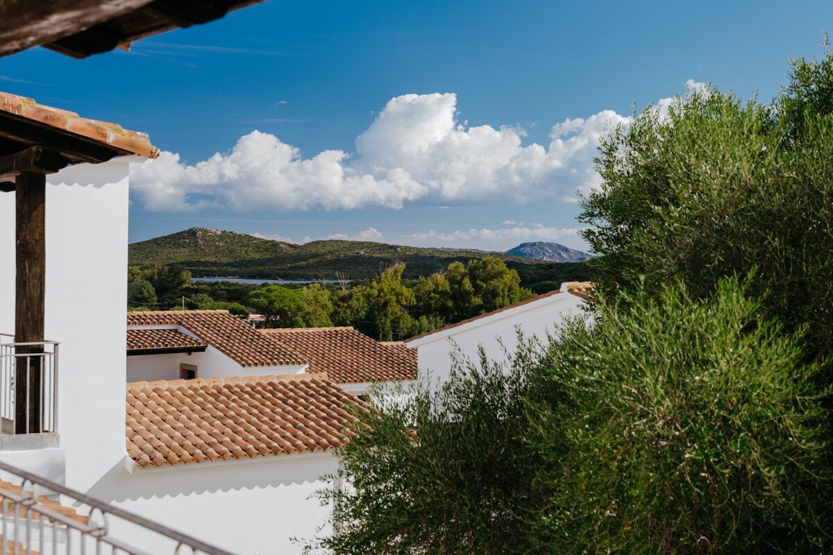 A residential area with white buildings and terracotta roofs, surrounded by greenery and a mountainous backdrop.