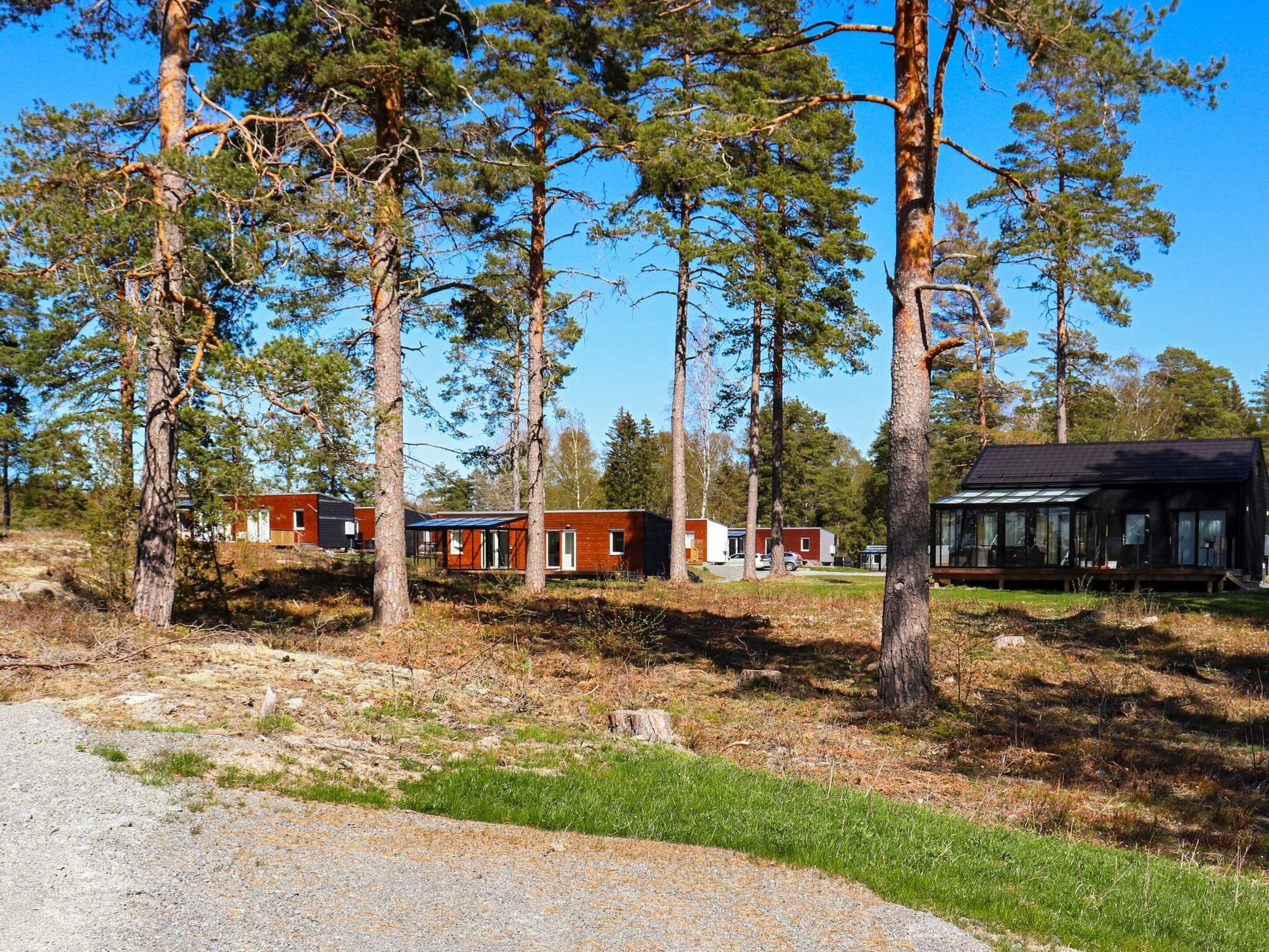 A modern cabin-style building with a large glass facade, surrounded by a forested area.