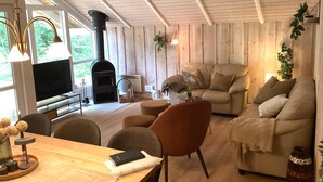 Un salon chaleureux avec une cheminée, des fauteuils confortables et un téléviseur.