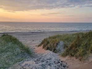 A beach with sand dunes and a view of the ocean.