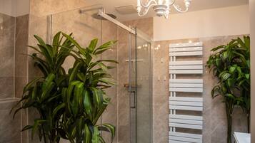 Dusche, Haartrockner, Handtücher, Seife