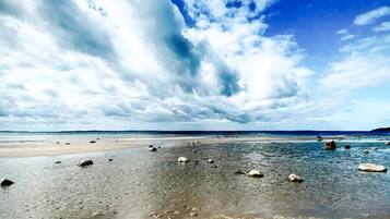 Ein Strand mit verstreuten Steinen und blauem Himmel.
