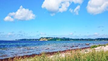 A coastal landscape with a clear sky, calm sea, and a distant green hill.