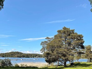 A clear view of a lake with a large tree in the foreground, a dock with boats, and a distant shoreline with trees. - 4 Star Holiday Home in Uddevalla (Uddevalla)