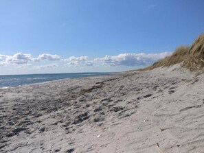 A sandy beach with dunes and a clear sky.