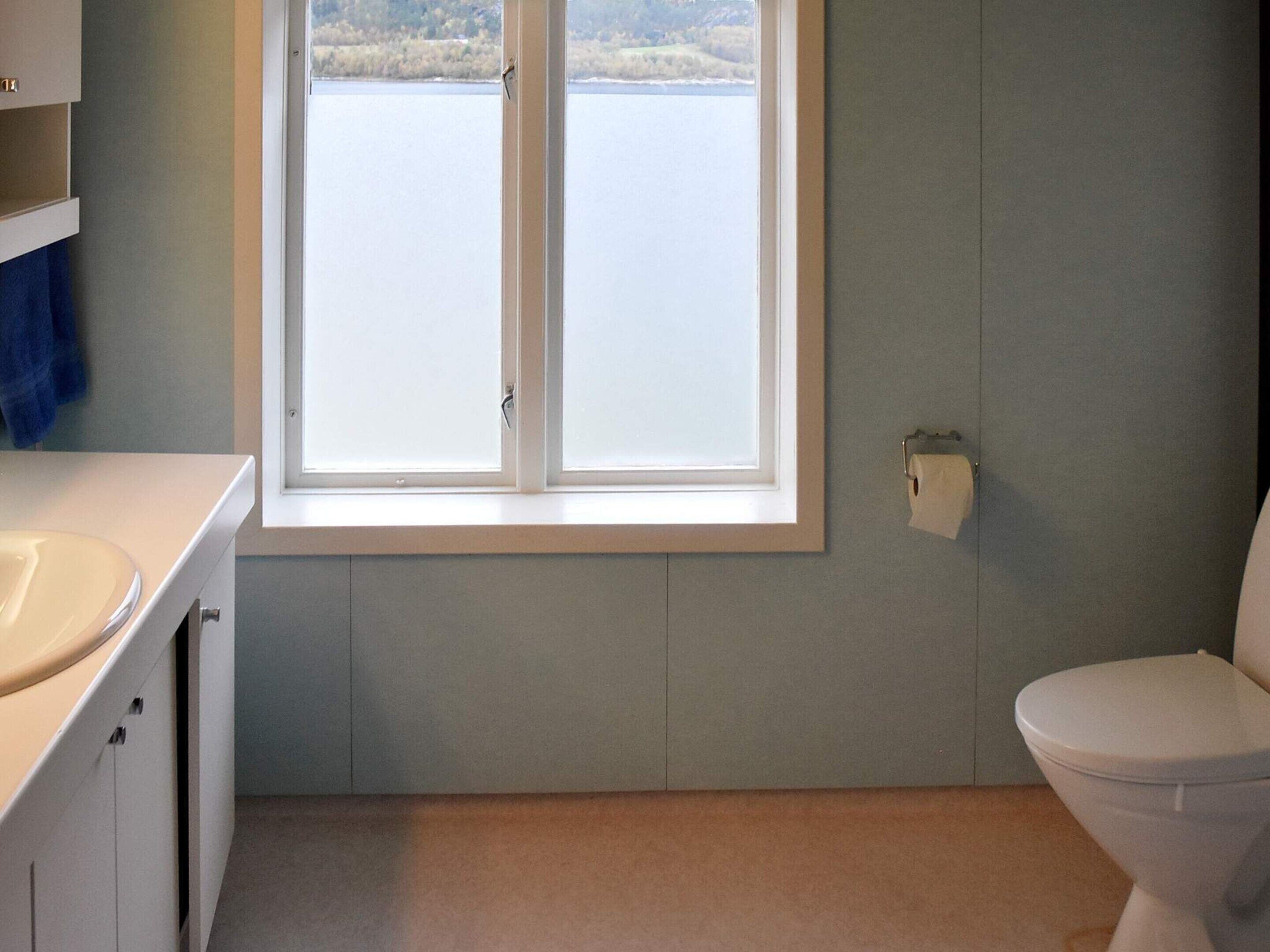 Une salle de bain avec une fenêtre, un lavabo et des toilettes.