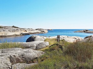 Et klippefyldt kystlandskab med kig til havet.