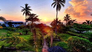 Paisaje tropical con vista al atardecer, palmeras y un camino que lleva a un edificio.