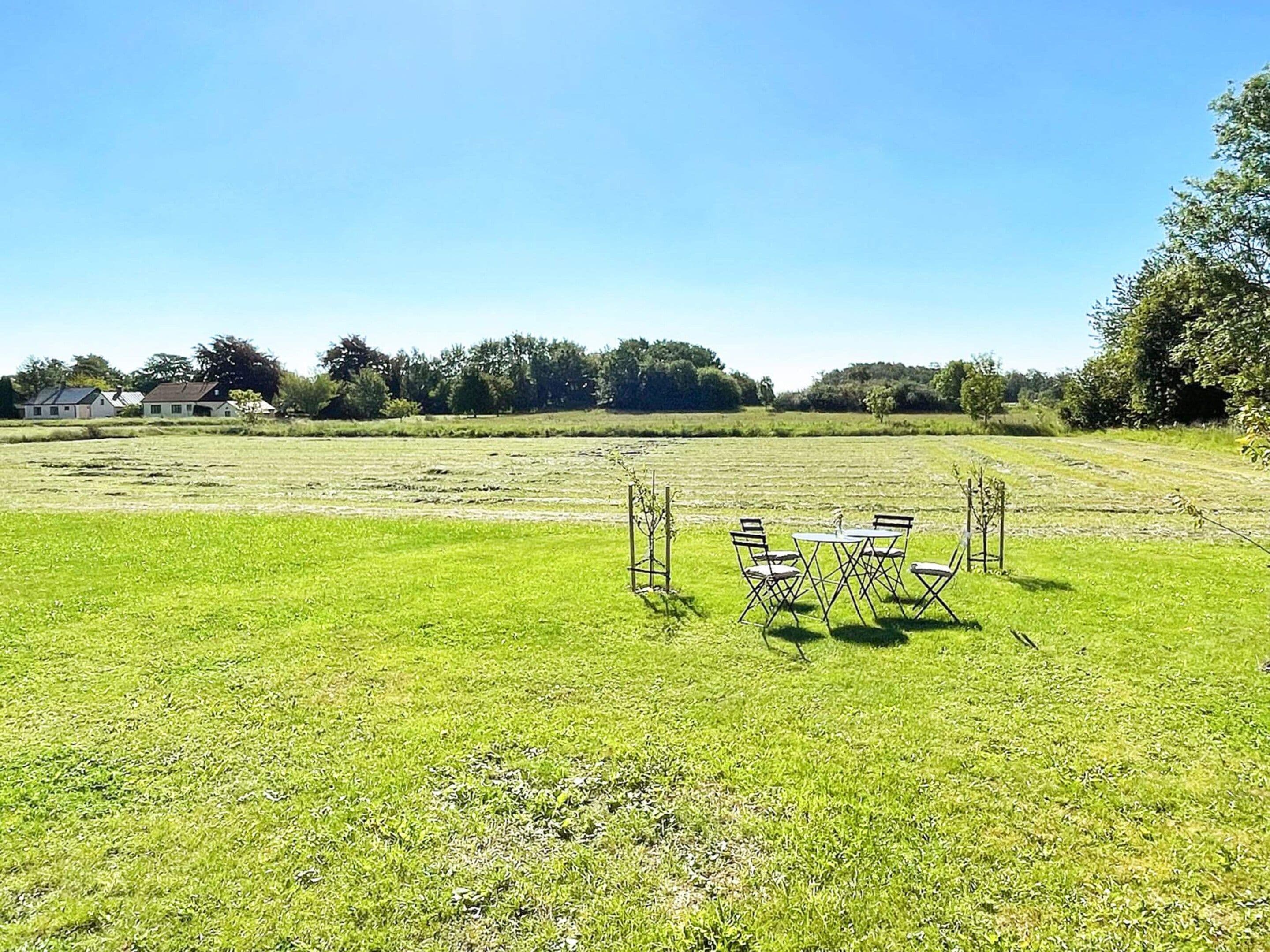 Un área de estar al aire libre con una mesa y sillas, rodeada por un campo cubierto de césped y árboles al fondo.