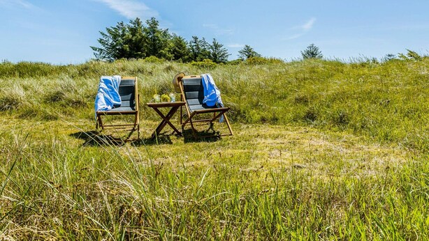 Two beach chairs with a table and a bottle on a grassy field with trees in the background. - 5 Star Holiday Home in Hirtshals (Hirtshals)