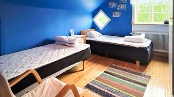 A room with two beds, a window with curtains, a radiator, and a striped rug.
