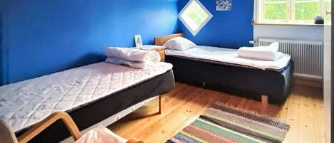 A room with two beds, a window with curtains, a radiator, and a striped rug.