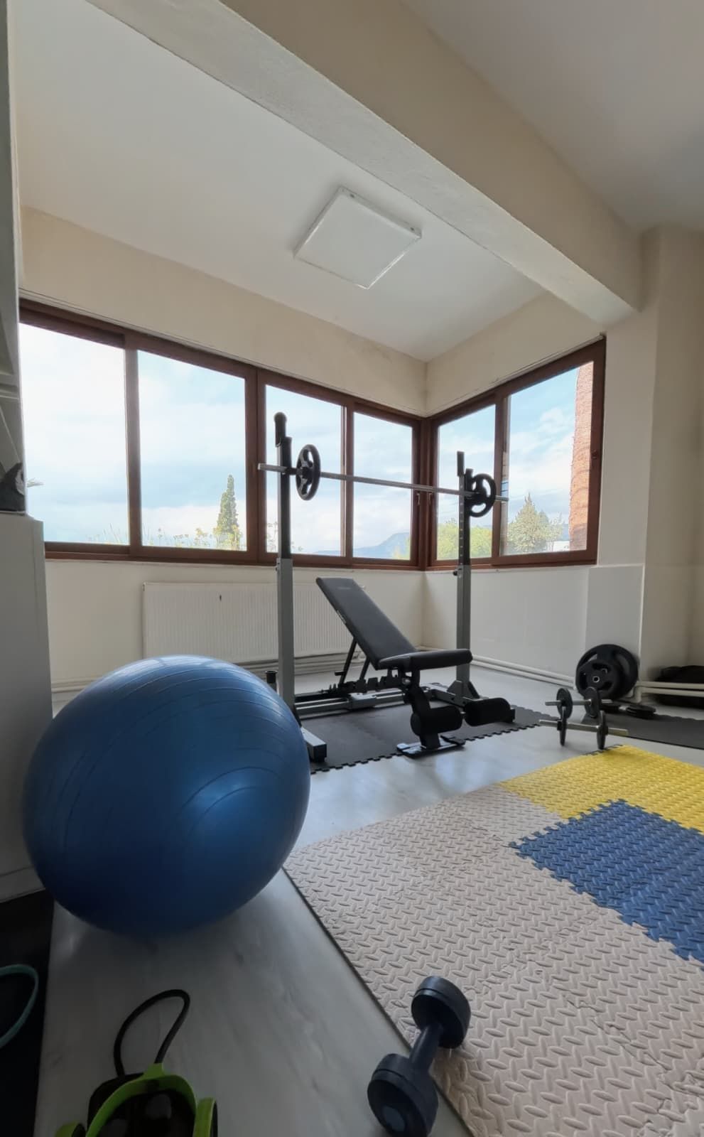 A gym with a blue exercise ball, a bench, and weightlifting equipment.