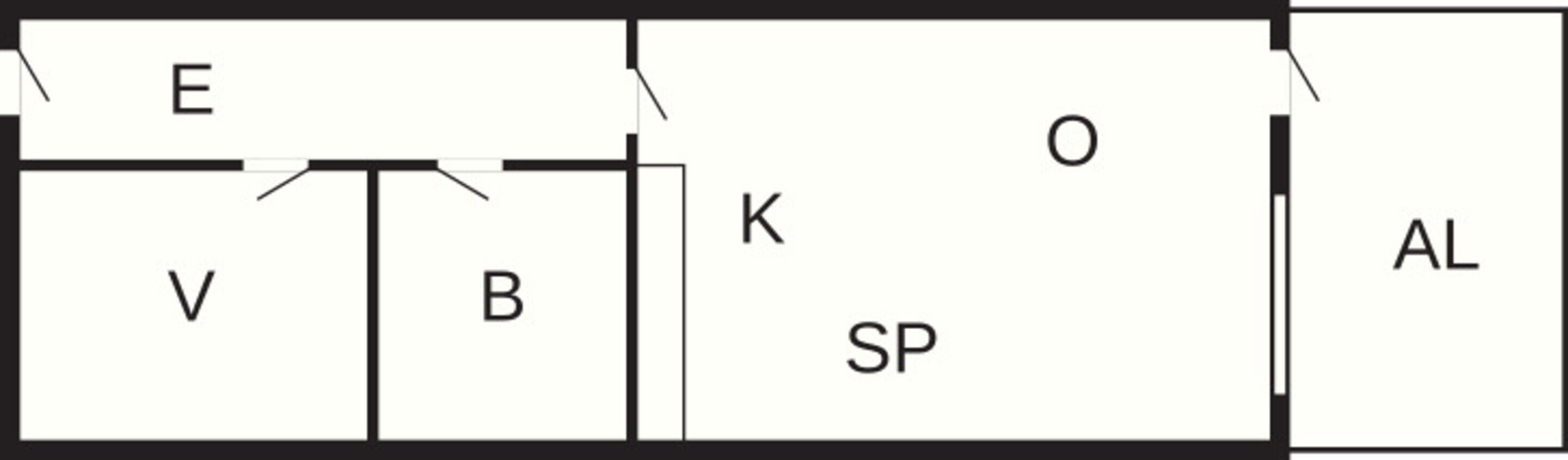 A floor plan with labeled rooms: E, V, B, K, SP, O, and AL.