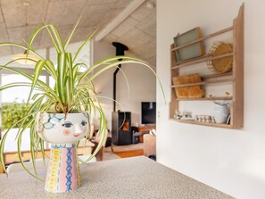 Una planta en maceta con un rostro dibujado en la maceta, en una habitación que tiene chimenea, estanterías y un televisor.