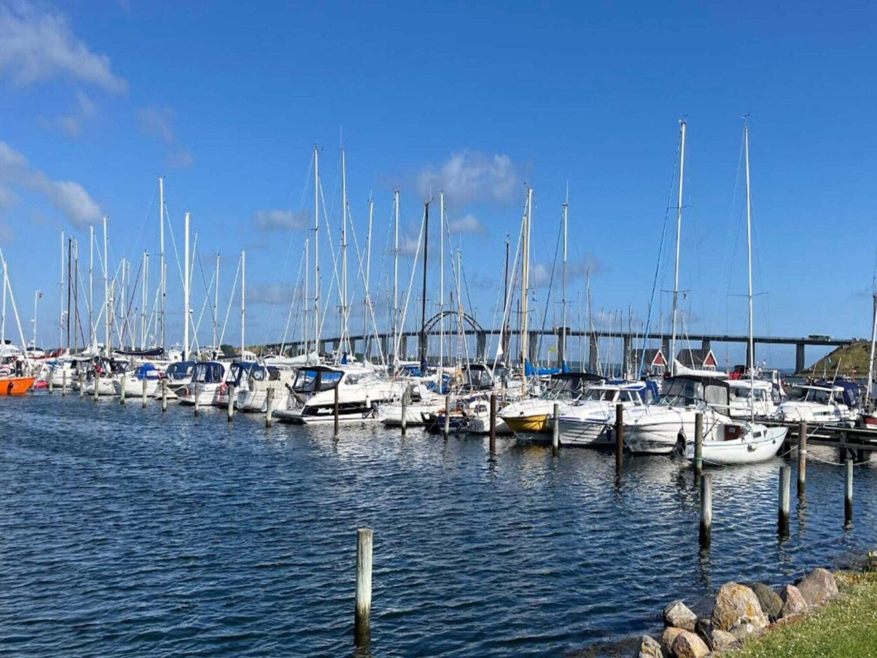 Ein Yachthafen mit mehreren dort liegenden Booten, im Hintergrund eine Brücke, ruhiges Wasser.