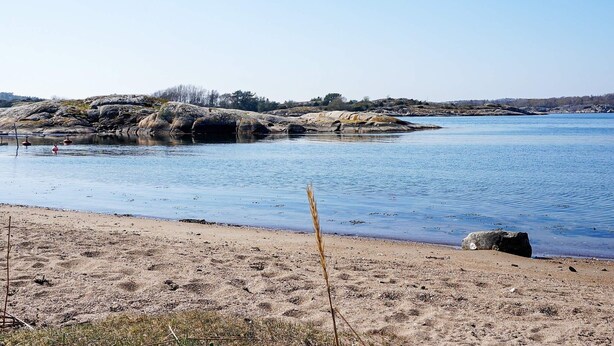 Une plage à l’eau claire, bordée d’affleurements rocheux et dotée d’une végétation clairsemée.