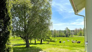 Une vue d’un champ verdoyant, avec des arbres et un bâtiment à l’extérieur blanc.