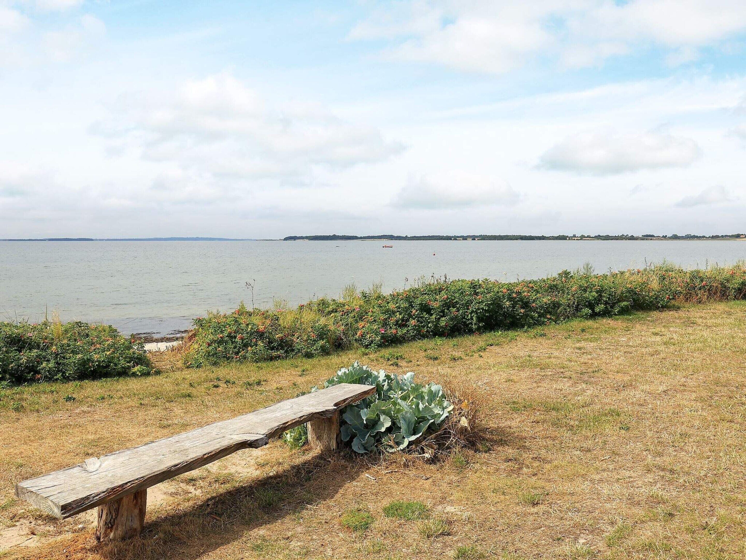 Eine Holzbank neben einer Wiese mit Blick auf ruhiges Wasser und entfernte Landschaft.