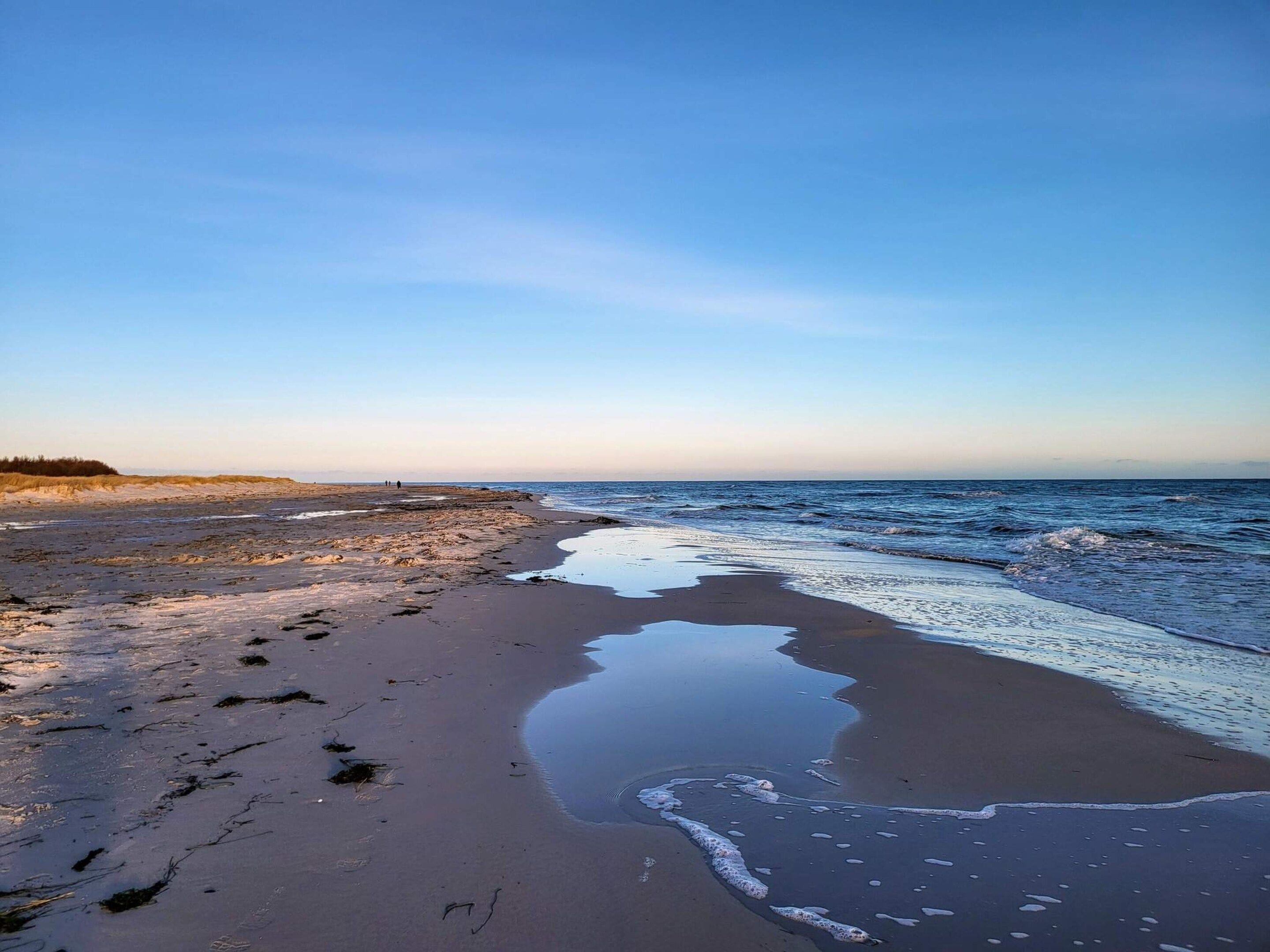 Une plage avec du sable humide et une mer calme.