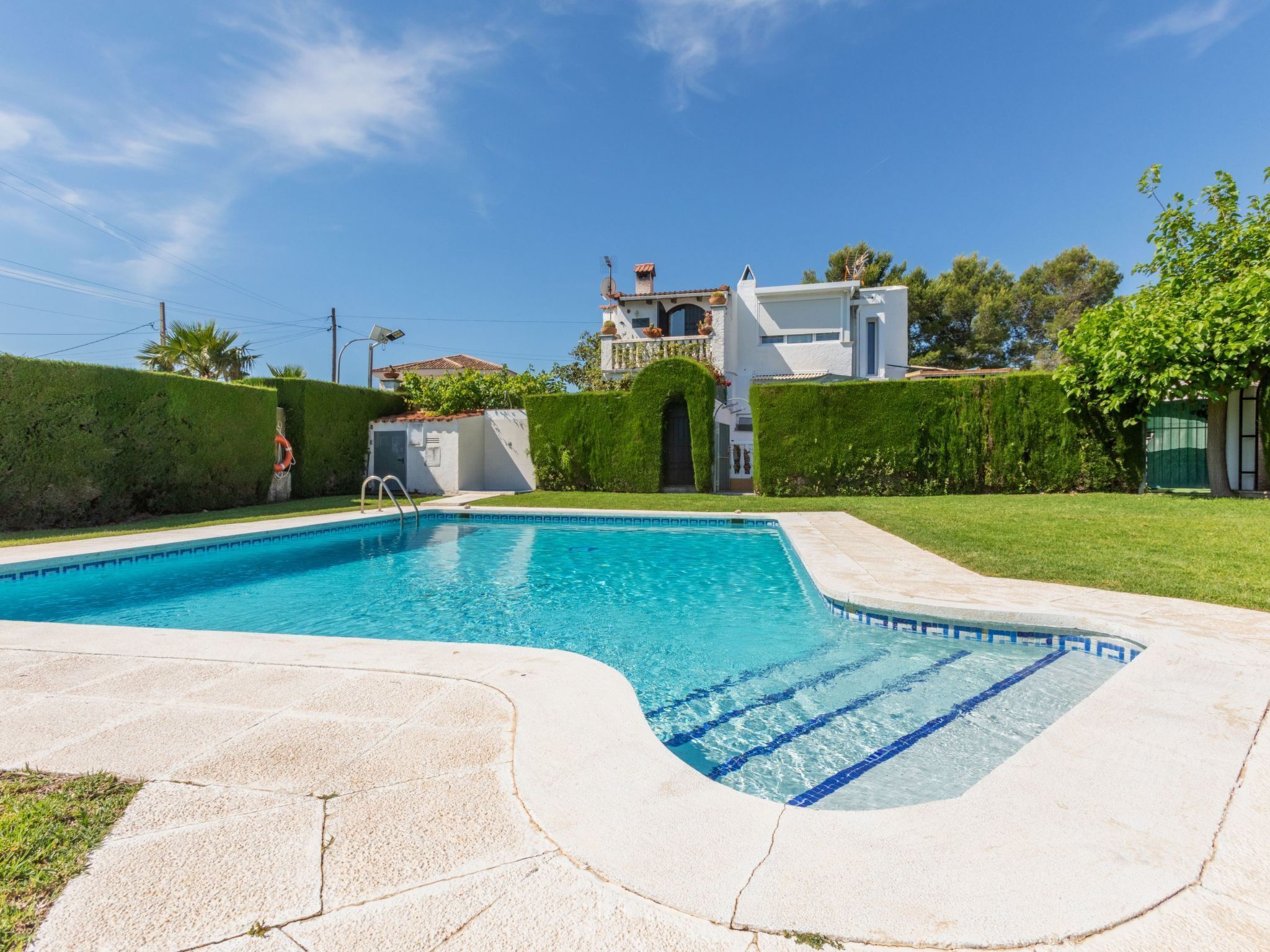Ein Pool mit geschwungener Kante, umgeben von einer gepflasterten Fläche und einem gepflegten Rasen.